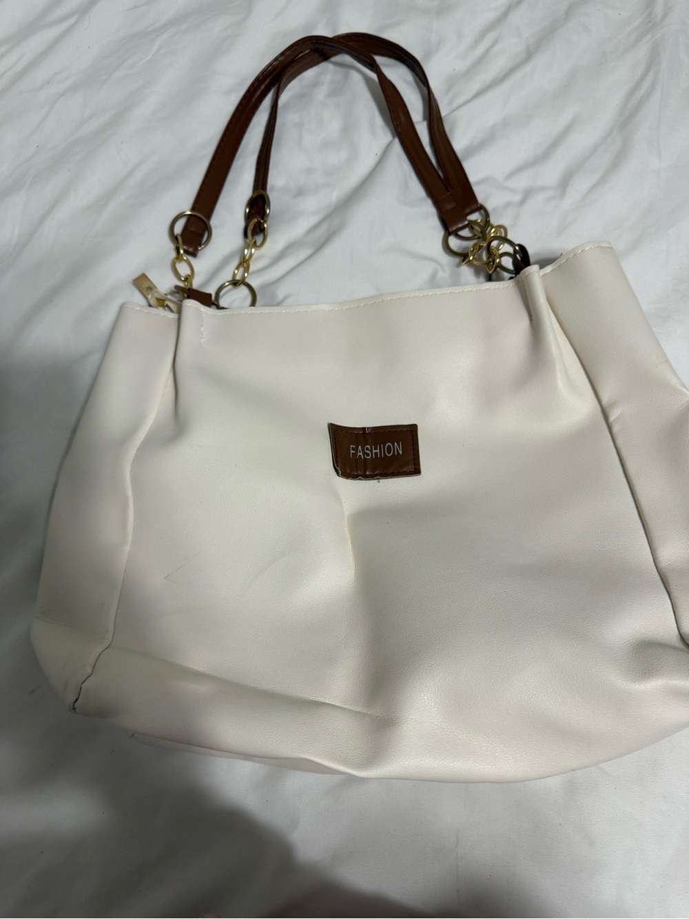 Cream Shoulder Tote with Brown Handles -
